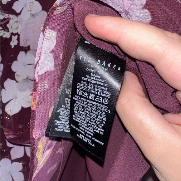 Ted Baker Cyllie Elderflower Tie Neck Blouse Purple Floral Semi Sheer Size 1 - Picture 6 of 7